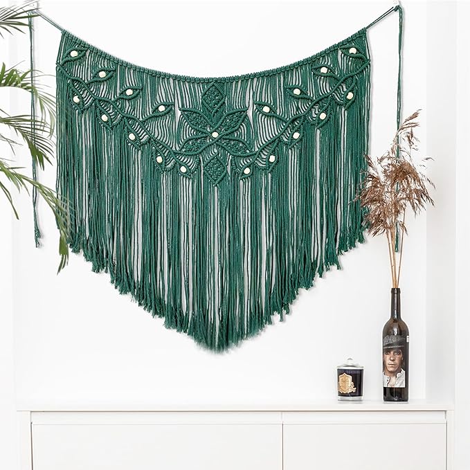 Youngeast Home Decor Leaf Shape Macrame Wall Hanging Woven Tapestry Bedroom Curtain Fringe Garland Banner Living Room Wall Decor Dark Green 39X31 inches