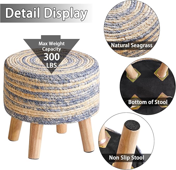 YMYNY Foot Stool Natural Seagrass Hand Weave, 12.6" Small Ottoman, Round Footrest for Living Room, Bedroom, Entryway, Change Shoes Stool, Non-Skid Wood Legs, Boho, Blue+White UHBD027QW