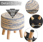 YMYNY Foot Stool Natural Seagrass Hand Weave, 12.6" Small Ottoman, Round Footrest for Living Room, Bedroom, Entryway, Change Shoes Stool, Non-Skid Wood Legs, Boho, Blue+White UHBD027QW
