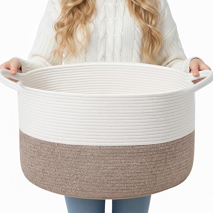 ShellKingdom Laundry Basket, Large Natural Rope Woven Storage Basket with Handles for Home, Living Room, Laundry, Storage Organizer for Blankets, Clothes, Plant, Toys, 13.78 x 21.65 INCH (White Brown)