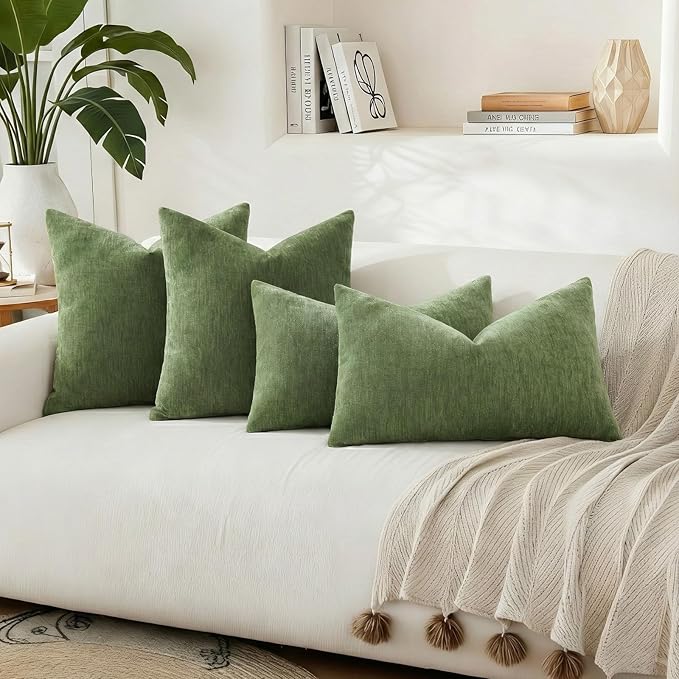 decorUhome Chenille Olive Green Spring Euro Sham Throw Pillow Covers 26x26 Inch Set of 2, Decorative Soft Couch Pillow Covers Solid Dyed Accent Farmhouse Neutral Square Pillow Cases for Sofa