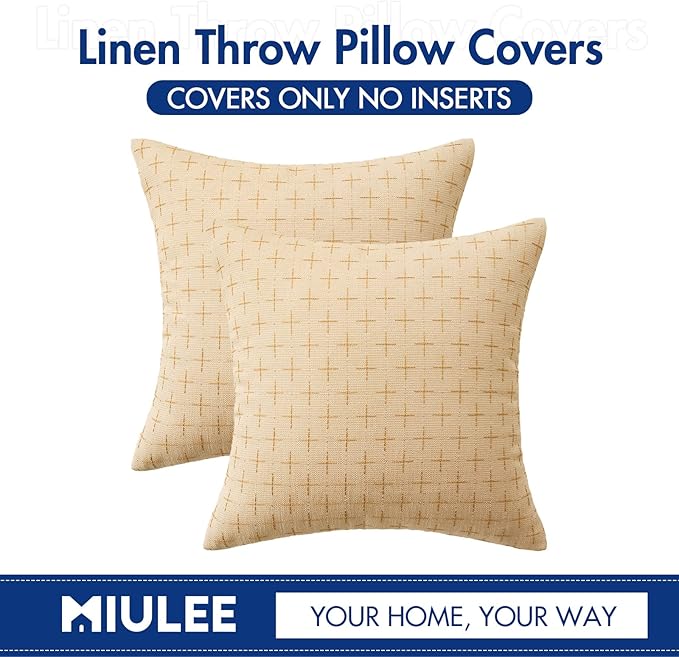 MIULEE Pack of 2 Decorative Burlap Linen Throw Pillow Covers Modern Farmhouse Pillowcase Rustic Woven Textured Cushion Cover for Sofa Couch Bed 24x24 Inch Light Yellow