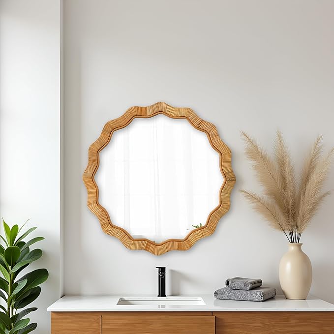 Boho Scalloped Rattan Round Mirror 24 Inches, Hanging Decorative Farmhouse Circle Mirror for Wall Decor Living Room Hallway Entryway, Handmade Coastal Circular Vanity Mirrors for Bathroom