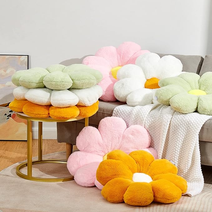 Large 21.6" Pink Flower Pillow Floor Pillow & Office Chair Cushion – Faux Rabbit Fur Plush Decorative Pillow, Comfortable Gift for Girls Adults