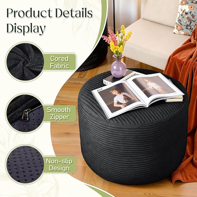Round Corduroy Ottoman Foot Rest Pouf for Living Room Couch - Soft Plush Shredded Foam Filled Hassock Stool, Comfy Footstool
