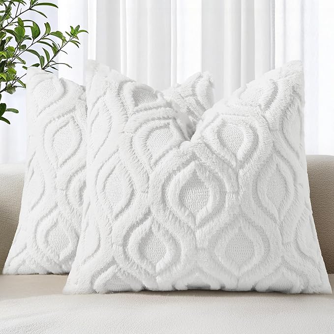 decorUhome Cozy Textured Euro Sham Throw Pillow Covers 24x24 Inch Set of 2, Soft Plush Faux Wool White Accent Couch Pillow Covers for Modern Farmhouse Sofa Bed Living Room