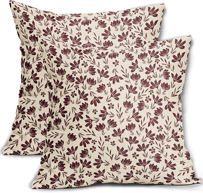 Burgundy Floral Pillow Covers 16x16 Set of 2 Vintage Rustic Old Style Cute Small Flower Burgundy Red Cream Print Decorative Outdoor Pillowcases Farmhouse Throw Cushion Case Decor for Couch Sofa Bed