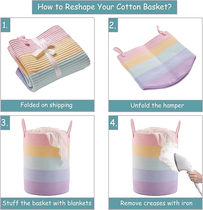 80L Extra Large Rainbow Baby Girls Hamper Laundry Basket for Kids Nursery Pastel Tall Blanket Basket for Toy Woven Rope Unicorn Clothes Hamper in Living Room Playroom Bedroom 16"D x 22"H