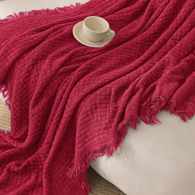 Exclusivo Mezcla Knit Throw Blanket with Fringes for Couch, Reversible Super Soft and Warm Woven Boho Throw for All Season, Home Decor, 50"x60", Red
