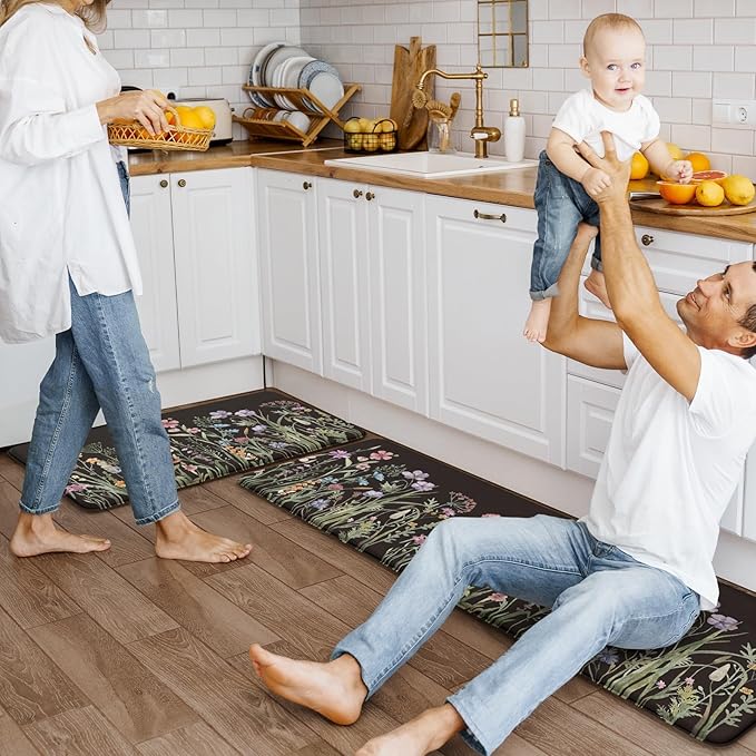 KIMODE Anti Fatigue Mats for Kitchen Floor 17"x47"+17"x29", Farmhouse Floral Kitchen Rugs Sets of 2, Cushioned Kitchen Floor Mats, Non Slip Standing Mat for Sink, Laundry, Office, Desk Black