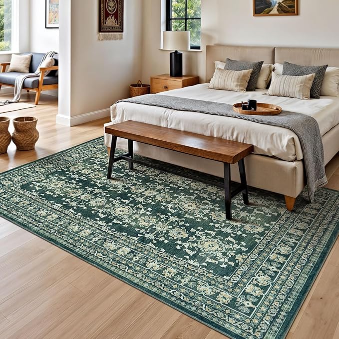 Lessymo 6x9 Area Rugs for Living Room, Machine Washable Non Slip Rug, Soft Low Pile Carpet for Bedroom Dining Home Office, Vintage Dark Green Distressed Floral Floor Mat