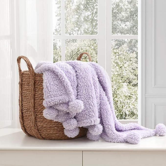 HORIMOTE HOME Ultra Soft Cozy Sherpa Throw Blanket with Pompom Fringe, Light Weight Warm Decorative Boho Style Plush Throw Blanket Cover for Couch, Sofa, Bedroom,Travel, Outdoor, 60”x80”, Purple