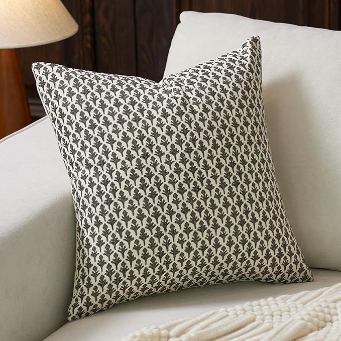 Floral Pillow Covers 18x18 Pillow Cover Block Print Couch Pillows for Living Room Decorative Neutral Accent Throw Pillow Covers, 1PC, Charcoal Black