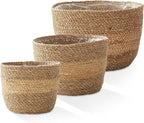 Casafield Set of 3 Seagrass Planter Baskets with Liners - Two-Tone, Hand Woven Indoor Flower Pot Covers for Plants, Succulents, Home Decor