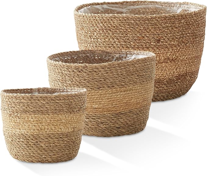 Casafield Set of 3 Seagrass Planter Baskets with Liners - Two-Tone, Hand Woven Indoor Flower Pot Covers for Plants, Succulents, Home Decor