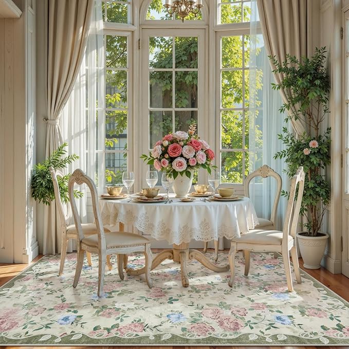 Lahome Floral Washable 5x7 Rug, Boho Area Rug for Bedroom,Vintage Living Room Rugs Non Slip Low Pile Ultra-Thin Large Carpet for Farmhouse,Dining Room,Kids Playroom Nina(5'X7',Cream/Green)