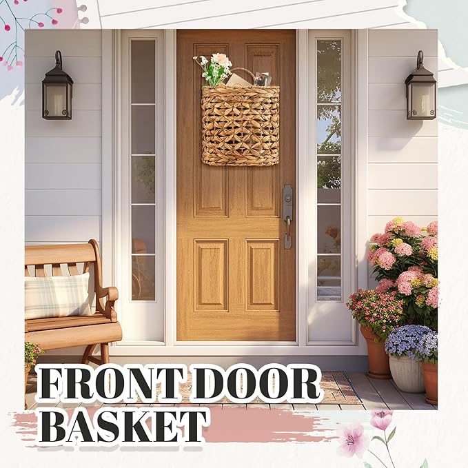 Chunful 2 Pcs Water Hyacinth Hanging Wicker Basket, Natural Wicker Decorative Baskets, Handmade Woven Storage Organizer for House Garden Wedding Wall Decorations, Large & Small Size(Hollow-out)