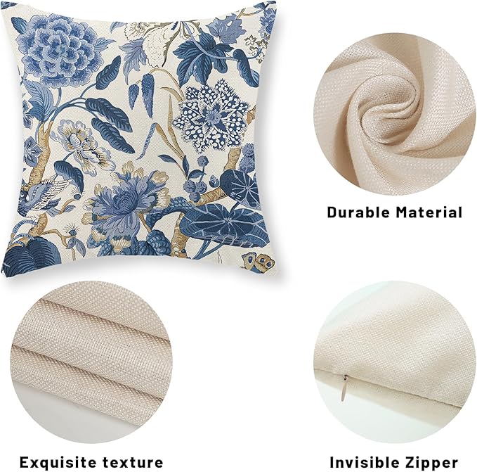 Blue Floral Pillow Covers 18x18 Set of 2 Vintage Floral Throw Pillows Chinoiserie Flower Botantical Decorations Pillowcase Outdoor Decor Linen Farmhouse Cushion Case for Couch Sofa Bed