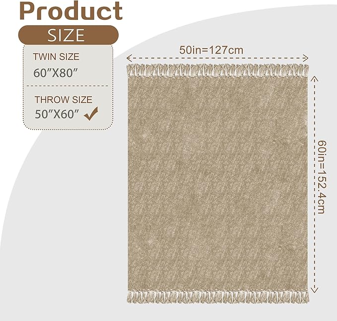 Chenille Throw Blanket for Couch with Tassels,60"X80" Soft Cozy Lightweight Knitted Boho Decorative Blankets for Bed and Sofa,Taupe