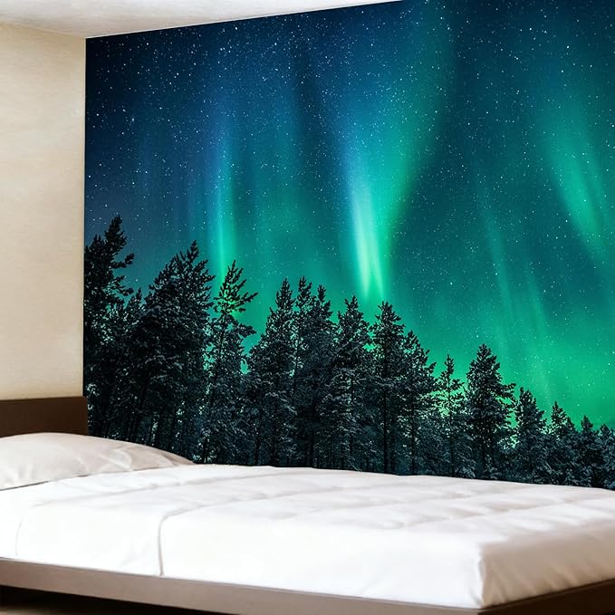 Atrippy Northern Lights Forest Wall Tapestry for Bedroom Living Room, Nature Starry Night Calming Aurora Borealis Wall Hanging, Winter Space Tapestry Ceiling Decor for Dorm Men 51"X60"