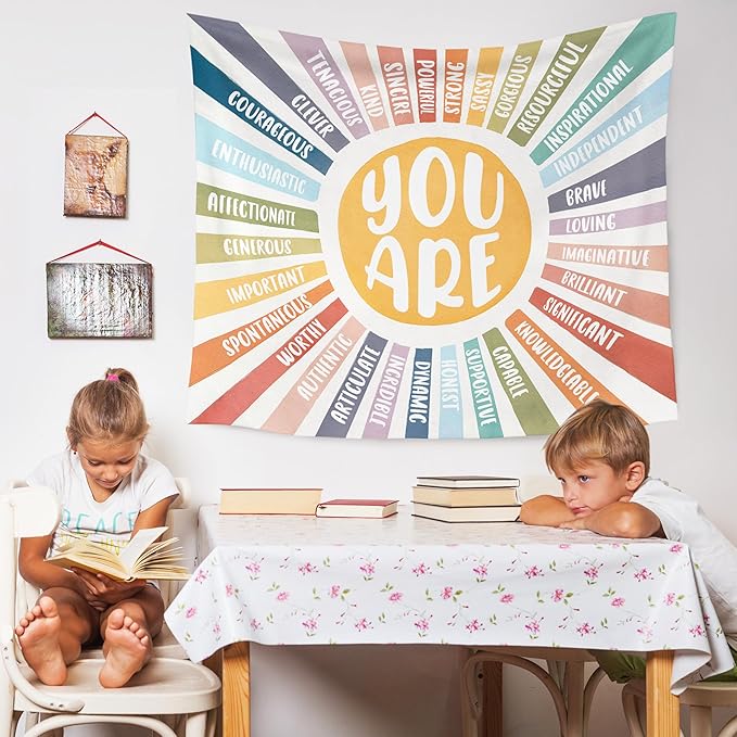 WARDOS Boho Sunshine Tapestry, You Are Inspirational Tapestry Wall Hanging, Colorful Boho Sun Positive Affirmation Wall Blanket Decor for Kids Room Nursery Playroom Classroom, 50x60 Inch