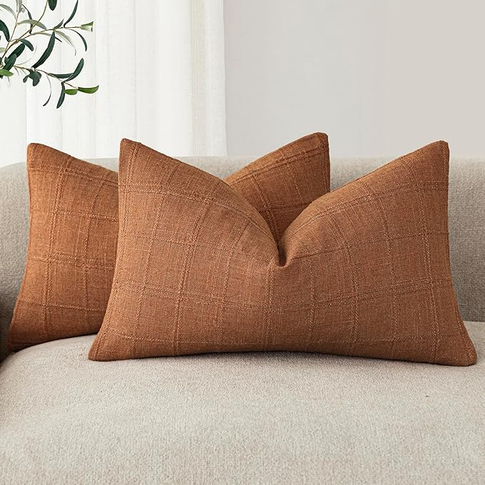Foindtower Set of 2 Decorative Linen Check Throw Pillow Covers Neutral Farmhouse Lumbar Cushion Covers Modern Boho Home Decor for Sofa Chair Couch Bedroom Living Room,12×24 Inch,Orange