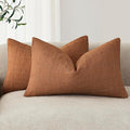 Foindtower Set of 2 Decorative Linen Check Throw Pillow Covers Neutral Farmhouse Lumbar Cushion Covers Modern Boho Home Decor for Sofa Chair Couch Bedroom Living Room,12×20 Inch,Orange