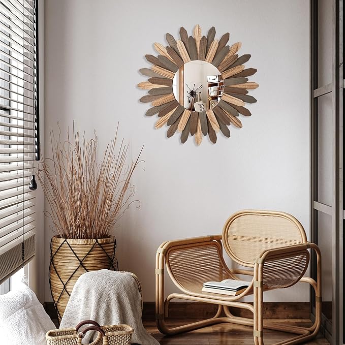 Emfogo Wall Mirror 21 inch Large Rustic Wood Boho Mirror Wall Decor Boho Room Decor Home Decor Aesthetic Farmhouse Decor for Bedroom Living Room Entryway(Tri-Color)