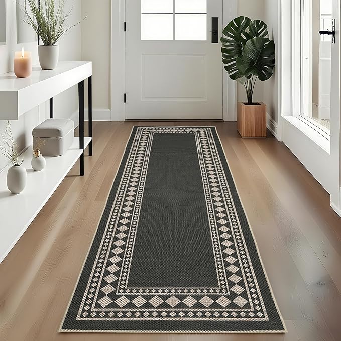 GarveeHome Jute Runner Rug 2x6 Washable Easy Jute Rug Non-Slip, Modern Bordered Indoor Outdoor Floor Mats, Easy Cleaning Geometric Neutarl Rugs for Kitchen Bedroom Balcony Entryway Porch, Black