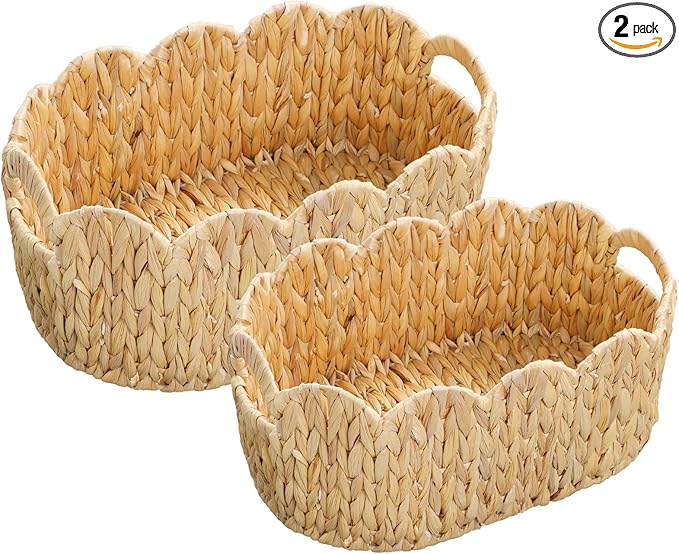 Scalloped Basket Set of 2,Water Hyacinth Basket for Organizing and Decor,Hand-Woven Wicker Storage Baskets with Built-In Handles for Nursery,Gift,Laundry