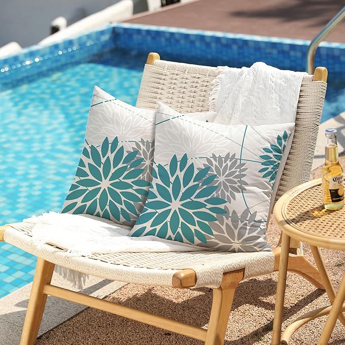 DFXSZ Blue and Grey Floral Pillow Covers 16x16 Set of 2 Outdoor Waterproof Decorative Throw Pillows Summer Pillow Covers Polyester Cushion Case Decor for Couch Patio Funiture Garden Porch 011A16