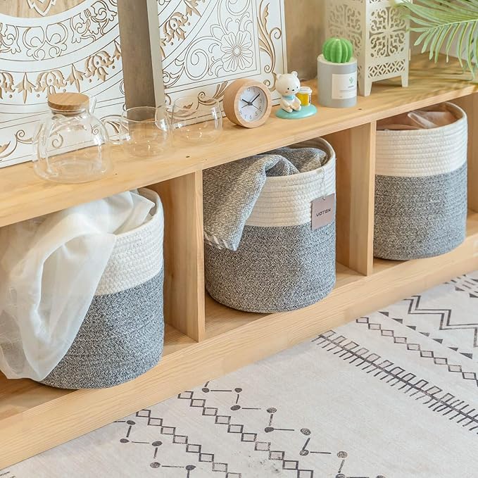 voten Storage Cubes Baskets Bins Organizer 11x11x11'' Fit 12x12''Cube Storage Organizer Bookcases Shelves,Durable Woven Cotton Storage Basket for Organizing,Round 3Pack Off White/Light Gray