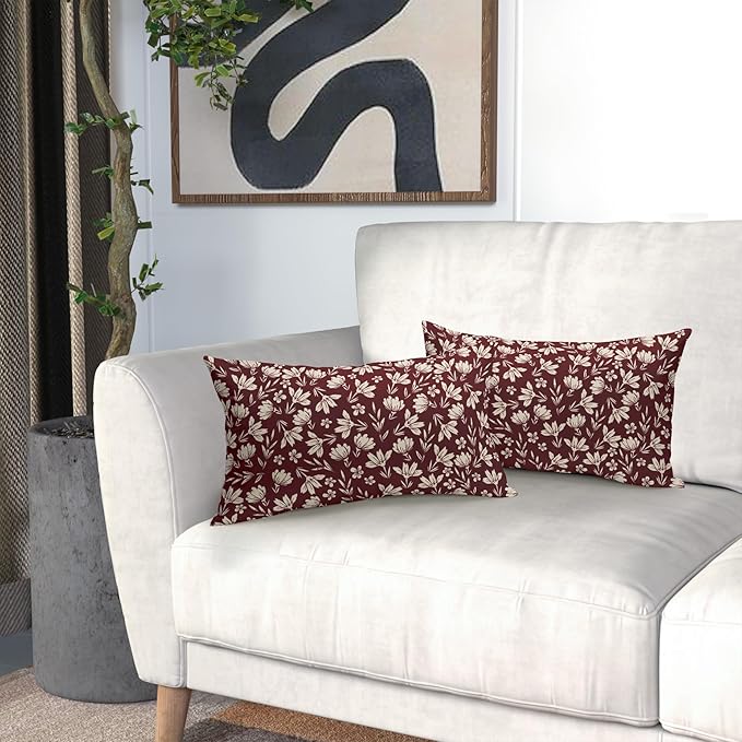 Burgundy Pillow Covers 12x20 Set of 2 Vintage Floral Rustic Old Style Cute Flower Print Rectangle Decorative Outdoor Pillowcases Seasonal Farmhouse Throw Cushion Case Couch Sofa Bed Decor