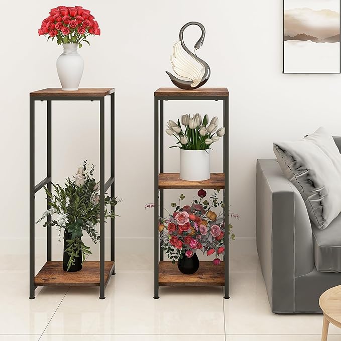 32 inch Tall Metal Wood Plant Stand, Tier Potted Plant Shelf for Indoor, Flower Pot Holder for Corner Living Room Patio Balcony Garden, Kitchen and Bathroom Display Rack, Brown
