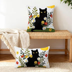 Embroidered Pillow Covers 18x18 Inch Set of 1, Black Cat and Floral Patterned Decorative Throw Pillow Covers Square Farmhouse Canvas Cushion Cases for Couch Sofa Bed Living Room Home Decor