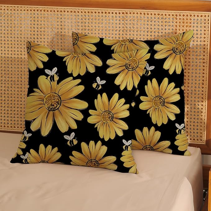 Summer Pillow Covers 18x18 Inch Set of 2 Black Background Yellow Sunflowers Bee Pillow Covers Spring Outdoor Pillow Cases Linen Farmhouse Seasonal Cushion Covers Decor for Living Room Bedroom