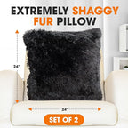 Cheer Collection Throw Pillows for Couch and Bed, Soft Shaggy Throw Pillows with Inserts Included, Cozy Long Hair Faux Fur Pillows - Set of 2-24" x 24" Black