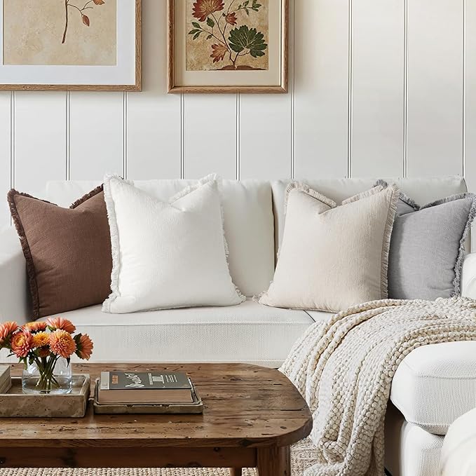 MIULEE Decorative Couch Pillow Covers Neutral Linen Fringe Throw Pillows Set of 4 Modern Cushions Boho Farmhouse Pillowcases for Bed Sofa Living Room Spring Home Decor 18x18 Inch Beige/Brown/Grey