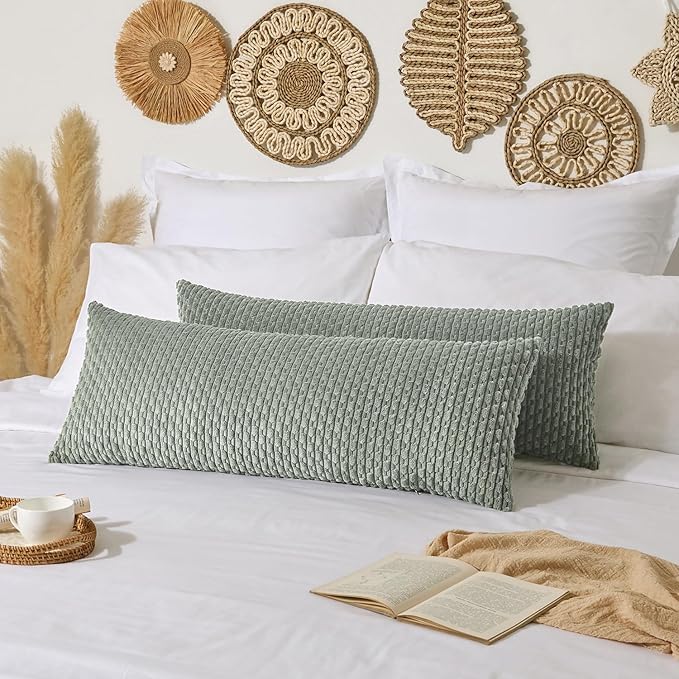 Kevin Textile 14x36 Inch Long Lumbar 1 Pack Boho Decorative Throw Pillow Cover Soft Striped Corduroy Rectangle Cushion Case Farmhouse Solid Color Accent for Living Room Couch Sofa Bed, Greyish Green