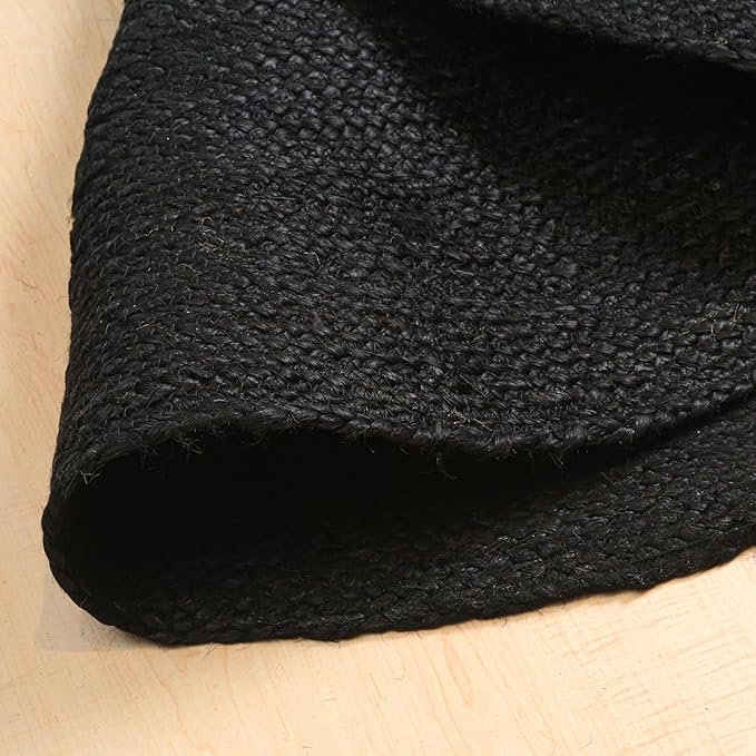 Hand Woven Braided Jute Rug - 4' Round - Black Reversible Farmhouse Rugs for Living Room, Bedroom, Dining Room, Kitchen - Natural Decorative Floor Boho Entry Area Rugs - Round Rug 4ft