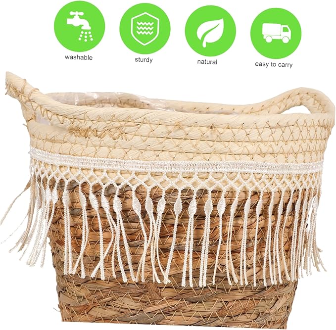 Toyvian Rustic Handwoven Plant Basket with Tassel Natural Grass Rope Indoor Planter Decorative Floral Container with Built in Leak Liner for Living Bedroom Office Boho Farmhouse Style