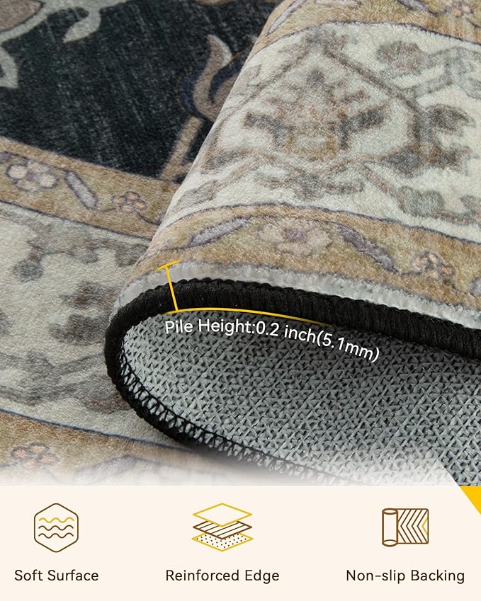 Area Rugs Round 6ft Washable Non-Slip, Floral Vintage Distress Print Pattern Medallion Carpet for Living Room Bedroom Dining Room, Vintage Black Brown Neutral