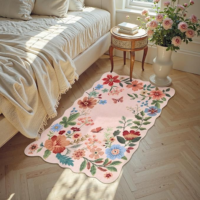 Lahome Floral Pink Rugs for Entryway, 2X3 Washable Kitchen Rug Non Slip, Ultra-Thin Indoor Door Mat Stain Resistant Boho Small Carpet for Bathroom Bedroom Flore (2x3ft,Light Pink)