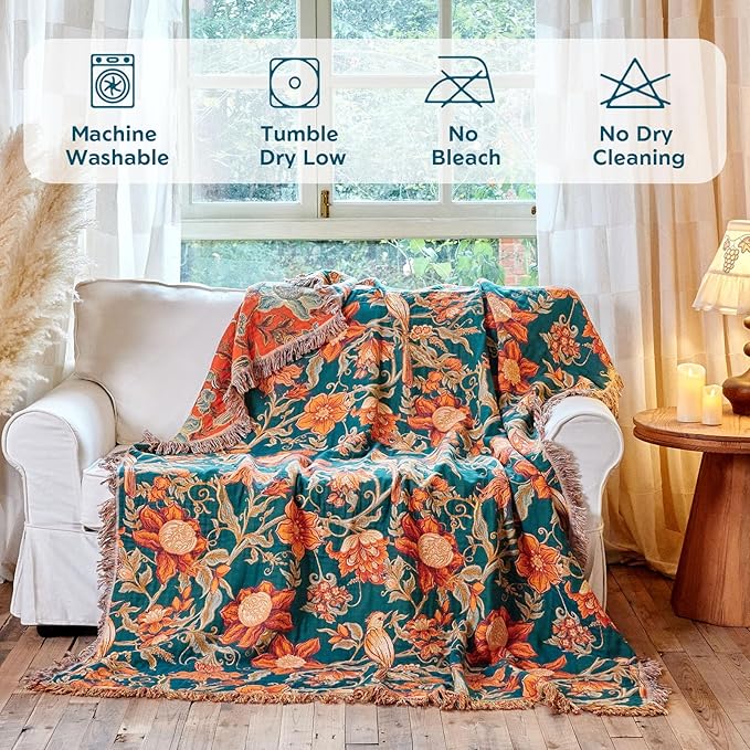 Boho Throw Blanket 60"x80" 100% Cotton Twin Bird Blanket, Breathable Lightweight Spring Decorative Reversible Blankets with Fringe for Couch Vintage Decor