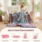 Boho Throw Blanket - 100% Cotton Ultra Soft Muslin Blanket, 50"x60" Lightweight Framhouse Bedding Spring Blanket for Bed, All Season Blue and Purple Floral Bohemian Bedroom Home Decor Quilt