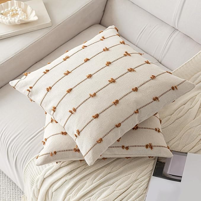 Boho Throw Pillow Covers 26x26 Set of 2 Modern Farmhouse Decorative Cushion Case Tufted Square Pillows Cover Neutral Pillow Cases Accent Pillowcase for Sofa,Couch,Bed,Beige and Brown