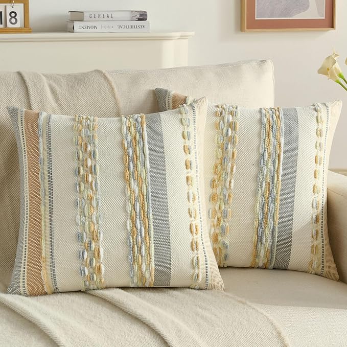 FUTEI Blue Green Khaki Decorative Throw Pillow Covers 20x20 Inch Set of 2, Soft Tufted Striped Textured Accent Cushion Case,Boho Pillows for Couch Decor