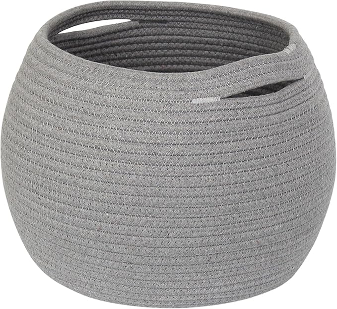 Gray Storage Basket for Decor, Round Plant Basket Indoor, Cute Baby Nursery Organizer, Small Wicker Cat Dog Toy Bin Box, Decorative Woven Cotton Rope Closet Bin, Kids Stuffed Animals Storage