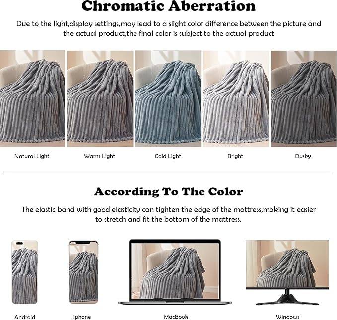 NEWCOSPLAY Super Soft King Blanket Light Grey Premium Silky Flannel Fleece 3D Ribbed Jacquard Lightweight Bed Blanket All Season Use (Light Grey Ribbed, King(90"x110"))