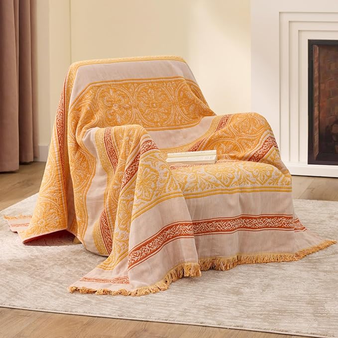 100% Cotton Boho Throw Blanket for Home Decor – Classic Farmhouse Quilt Bedding, Muslin Blankets for Adults, Vintage Woven Decorative Blanket for Couch, Bed Layering Use, Bohemian Stripe, 104"x90"